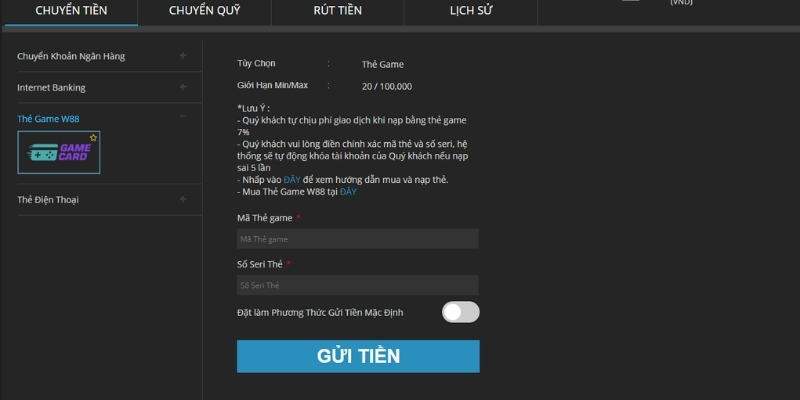 Biểu mẫu nạp tiền bằng thẻ game